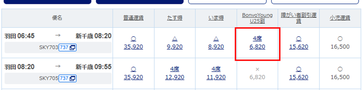 空席照会画面でのBonvoYoung選択